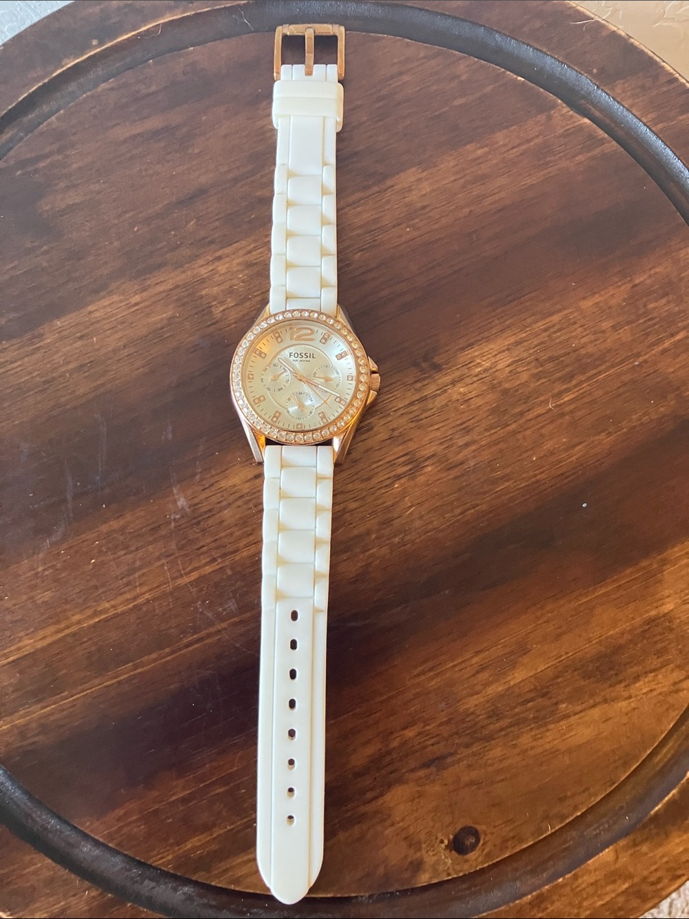 Fossil: Rose Gold Multifunction Crystal Bezel (ES 2810) Watch- Silicone Band